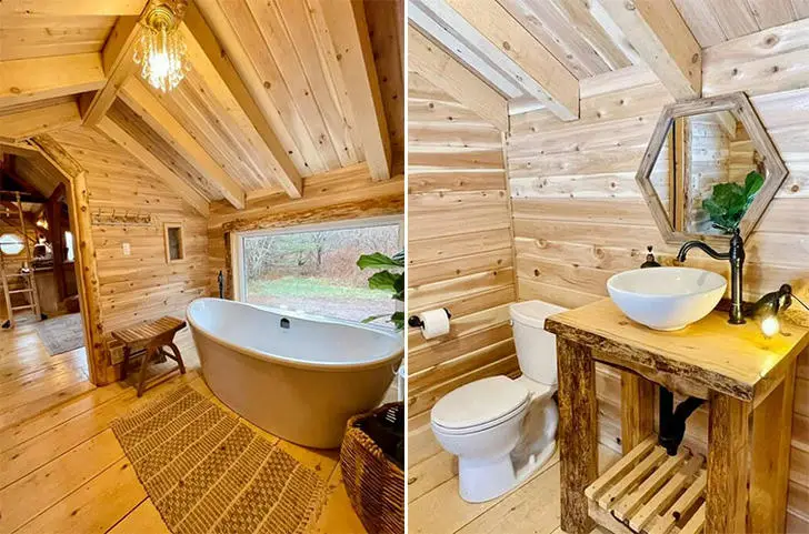 Tiny wooden cabin bathroom